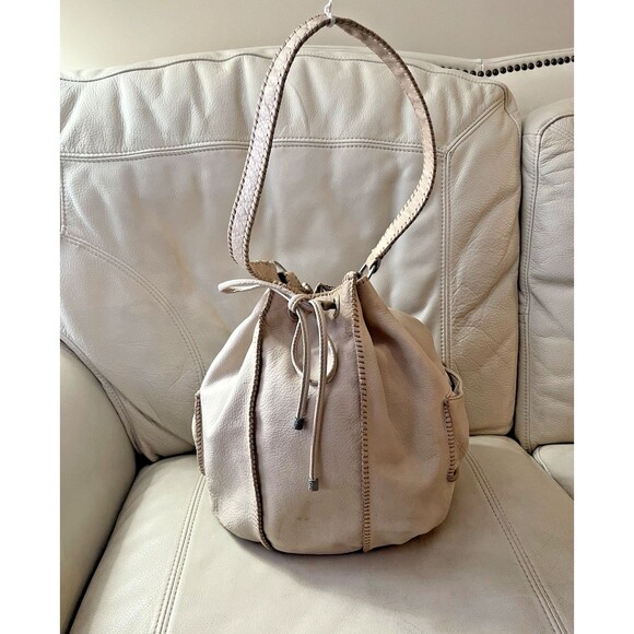 Vintage Sigrid Olsen Leather Hobo Bucket Bag Drawstring Cottagecore Y2K Beige - Picture 1 of 16